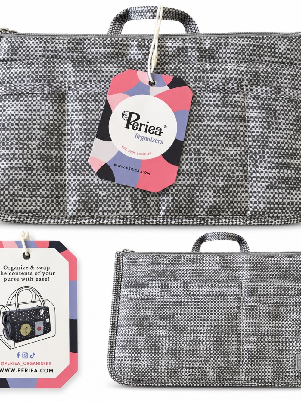 Title:
Periea Handbag Purse Organizer Insert Gray Print NWT